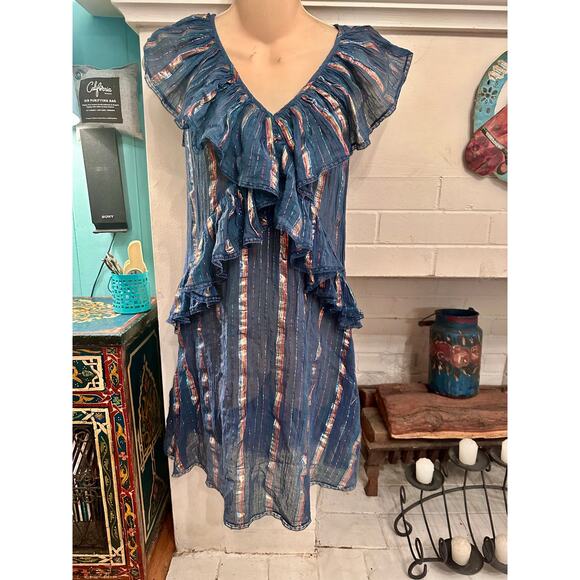 TRYB 212 METALLIC LUREX BLUE RUFFLE DRESS - Picture 3 of 10
